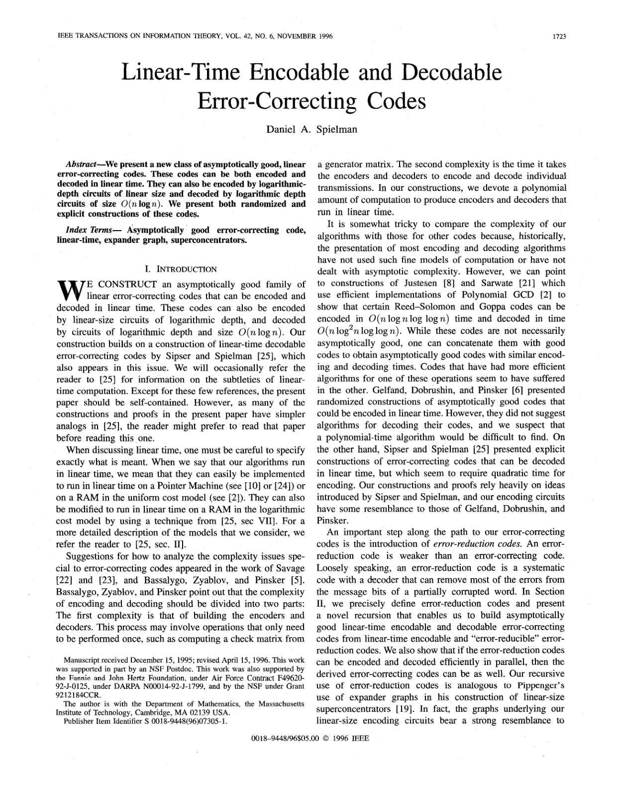 Published first page: Linear-Time Encodable and Decodable Error-Correcting Codes, Daniel A. Spielman