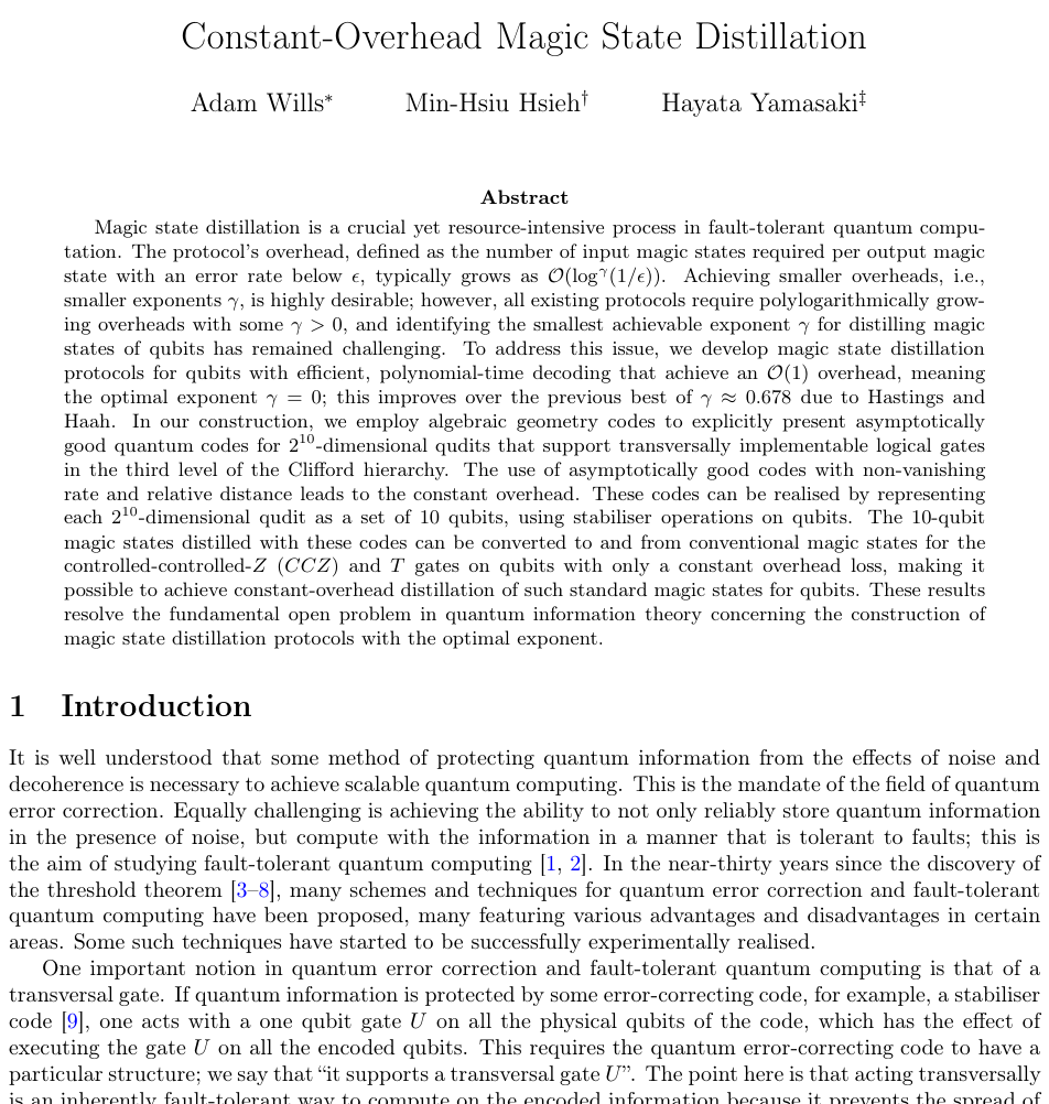 arXiv first-page excerpt of Constant-overhead magic state distillation