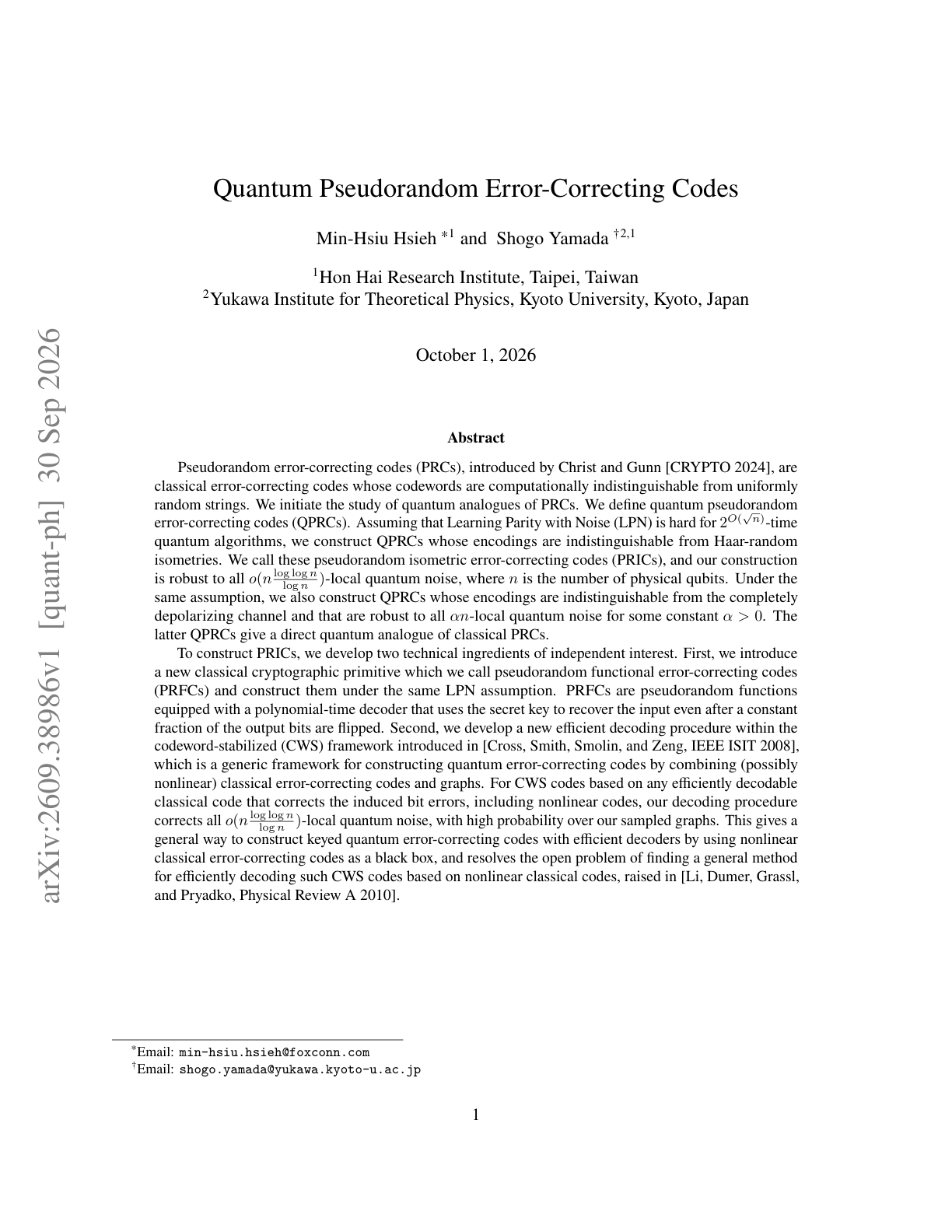 First page of Quantum Pseudorandom Error-Correcting Codes