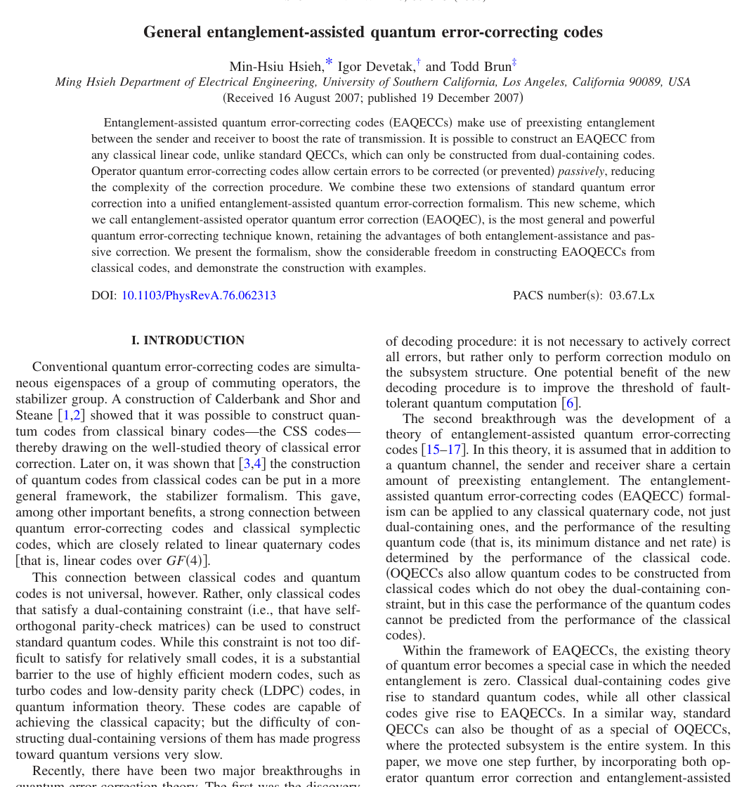 Upper portion of the published first page of General entanglement-assisted quantum error-correcting codes