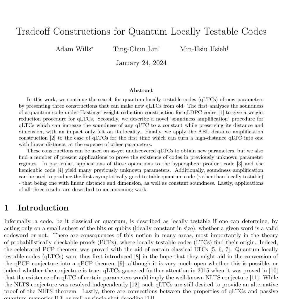 arXiv first-page excerpt of Tradeoff Constructions for Quantum Locally Testable Codes