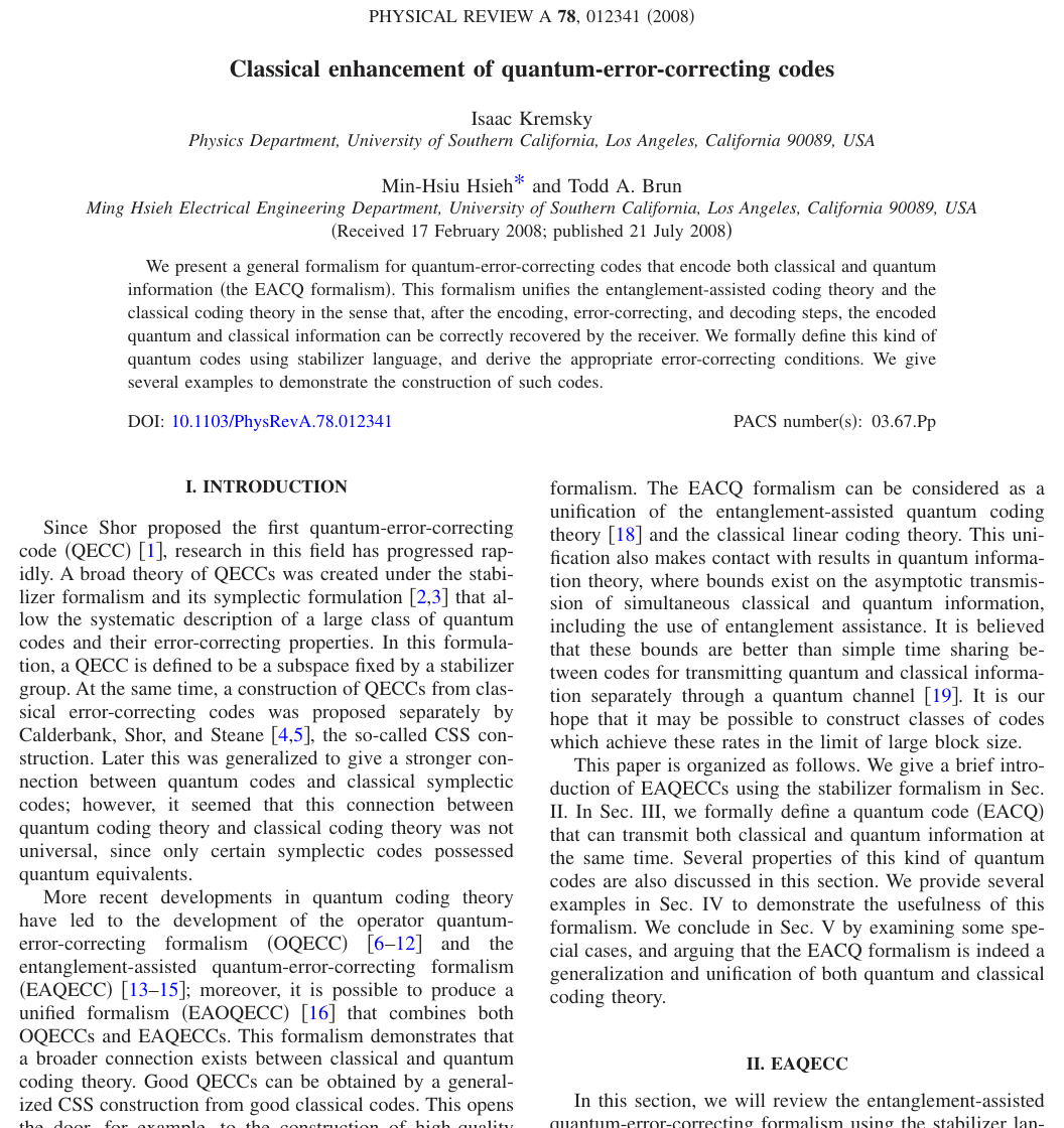 Upper portion of the published first page of Classical enhancement of quantum-error-correcting codes