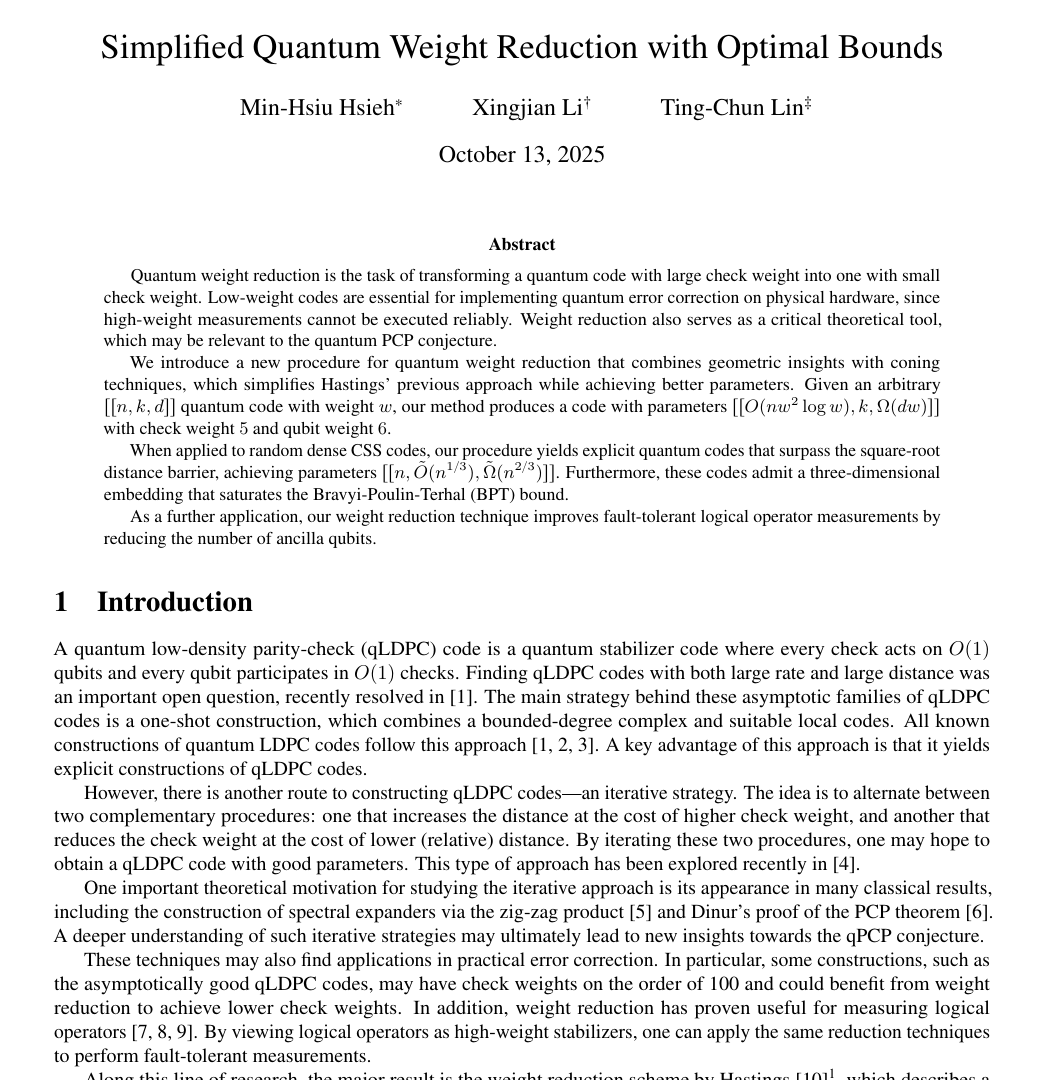Upper portion of the arXiv first page of Simplified Quantum Weight Reduction with Optimal Bounds