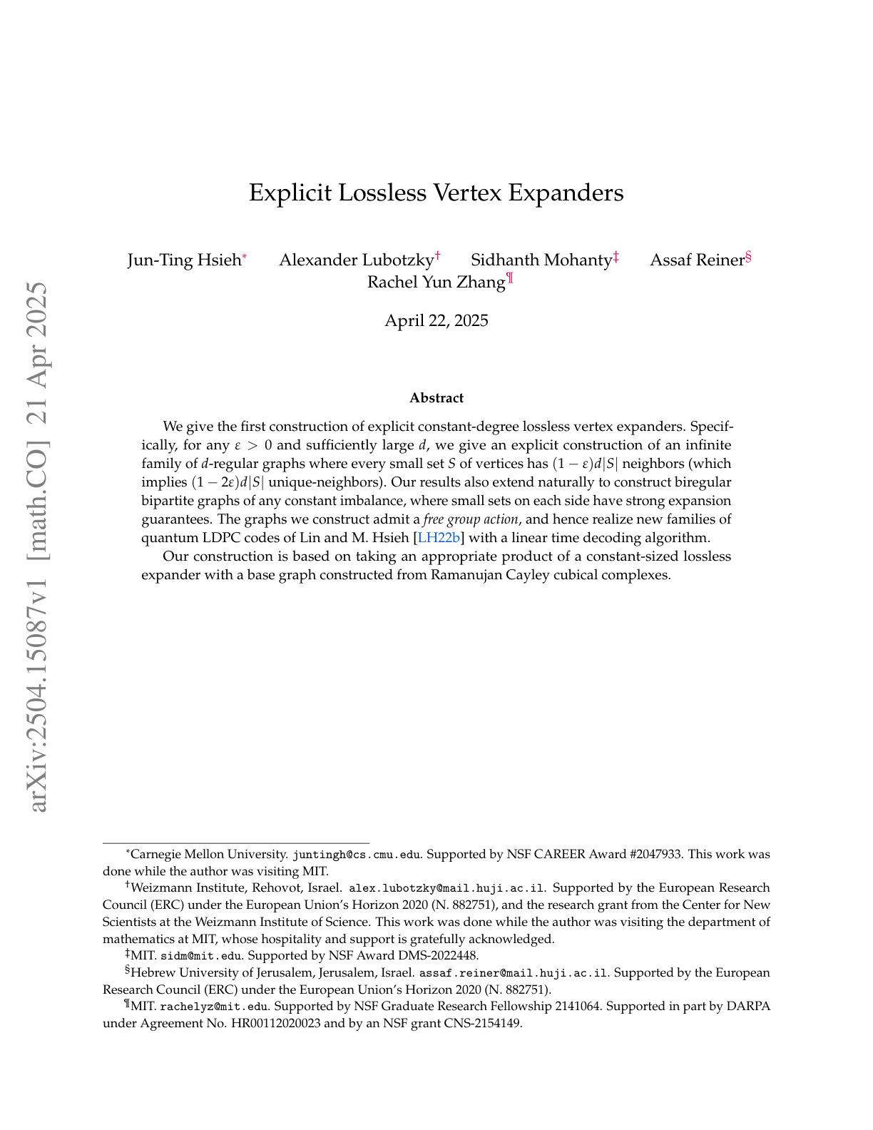 First page of Explicit Lossless Vertex Expanders, arXiv:2504.15087