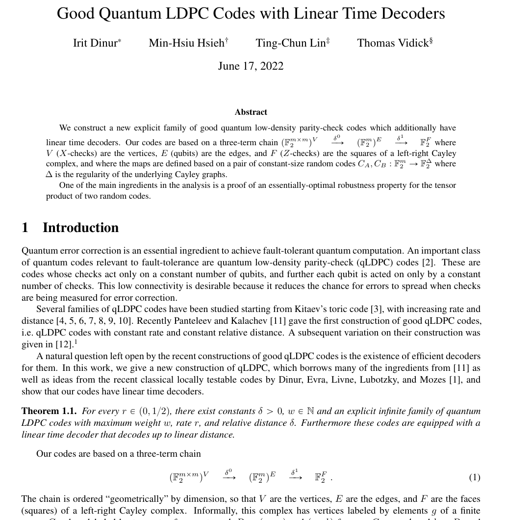 Upper portion of the arXiv manuscript first page of Good Quantum LDPC Codes with Linear Time Decoders