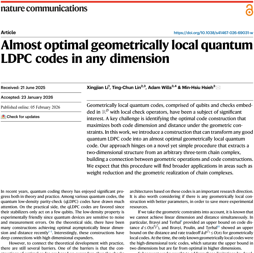 Published first-page excerpt of Almost optimal geometrically local quantum LDPC codes in any dimension